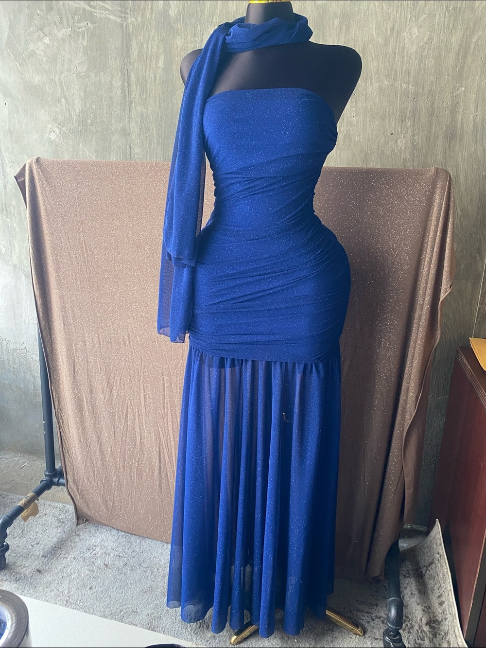 Strapless Royal Blue Evening Gown with Sheer Overlay